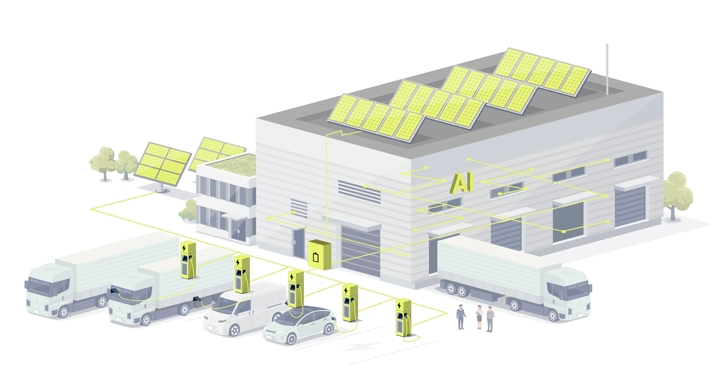Illustration of an AI-powered electric vehicle charging station with solar panels on the building roof. Multiple electric trucks, cars, and charging units are connected to the station, with people standing nearby.
